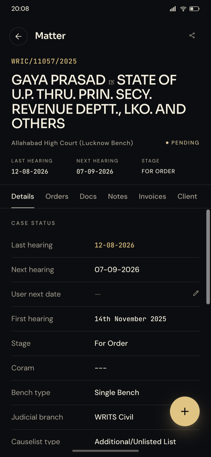 Matter detail screen